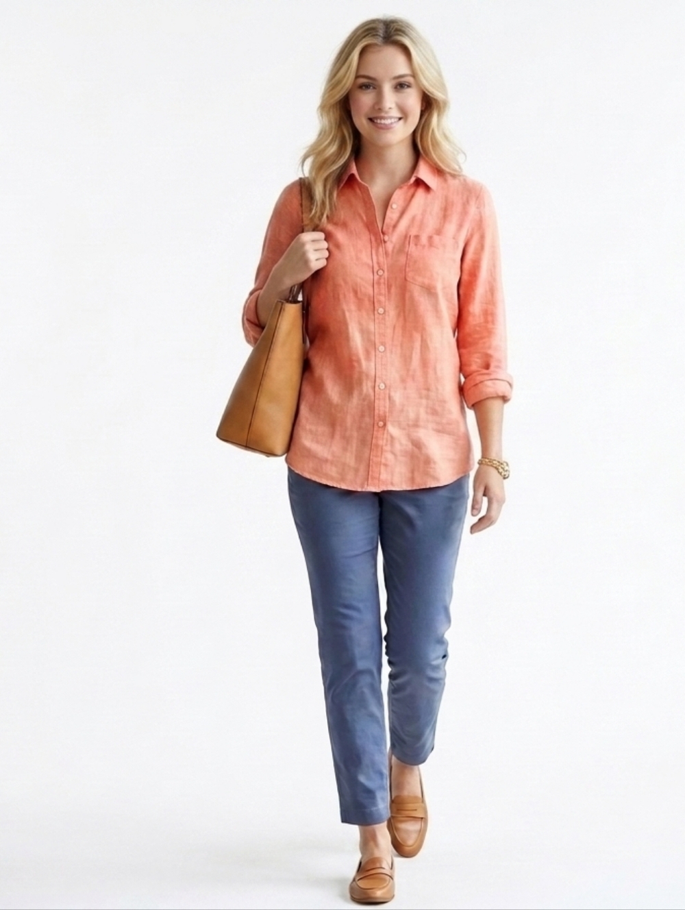 LL Bean Women's XS 100% Linen Button Down Shirt  Peach Orange Office Attire